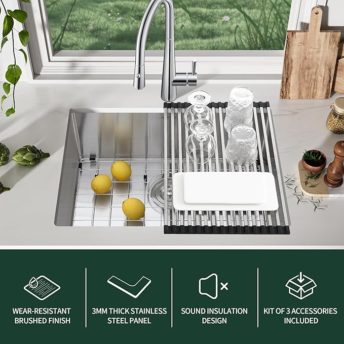 33-inch Undermount Kitchen Sink - SINKVINE Single Bowl Stainless Steel Kitchen Sink, Large Size Handmade Basin with 3.5-inch Drain Strainer, Bottom Grid Protector, Roll-up Drying Unit, 33" x 19" x 9"