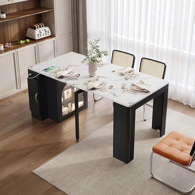 Extendable Console Dining Table with Power Outlet & Iron Support Legs, Console Table with Extension Leaves Holder & LED Lights Glass Door Storage for Dining Room (Black)