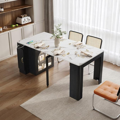 Extendable Console Dining Table with Power Outlet & Iron Support Legs, Console Table with Extension Leaves Holder & LED Lights Glass Door Storage for Dining Room (Black)