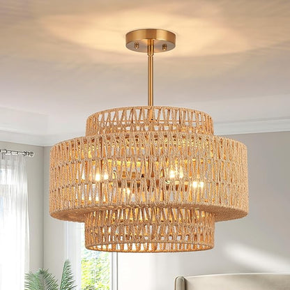 18 Inch Boho Chandeliers for Dining Room 4-Lights Black Farmhouse Light Fixtures Large Pendant Light Hand Woven Dining Table Light Fixture Rattan Hanging Lamp for Kitchen Island