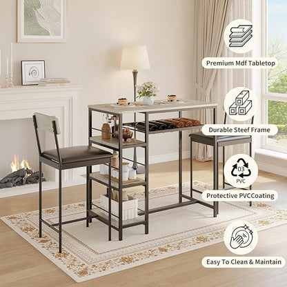 3-Piece Modern Dining Set, Dining Table Set with 2 Upholstered Bar Stools,Bar Table Set w/ Metal Frame&Built-in Wine Rack for Kitchen Dining Room Apartment Breakfast Nook 36"L x 16.7"W x 37.2"H Gray