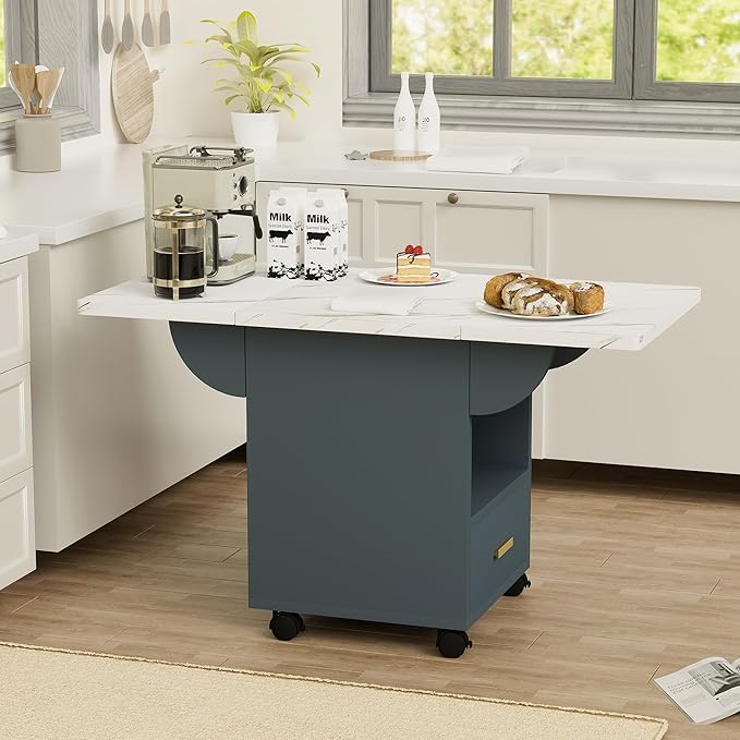 Folding Dining Table Lockable Wheels, Convertible Extendable Saving Kitchen Island Desk with Marble Texture Top, Storage Shelf Drawer, Rolling Multifunction Unit for Apartment Living Room Office