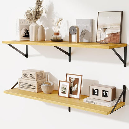 Acovy Floating Shelves for Wall,40" Wall Mounted Shelves Set of 2,Long Wood Floating Shelves,Hanging Wide Display & Storage Shelf with Metal Brackets for Bathroom,Bedroom,Kitchen,Living Room,Oak