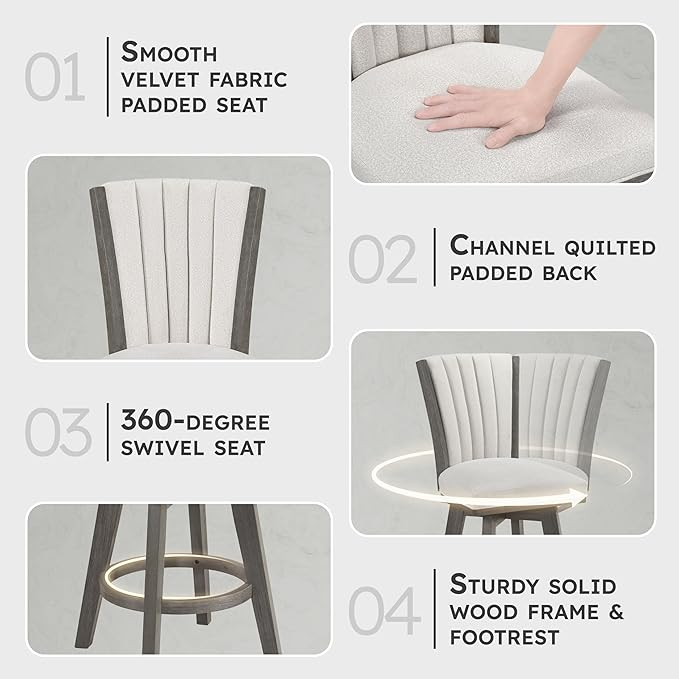 Lexicon Swivel Counter Stools Set of 2, Wood Frame Counter Height Stools with Footrest and Back, for Kitchen Island, Dining Room, 25" SH, Grey Finish and Thick Beige Velvet Cushion Seat