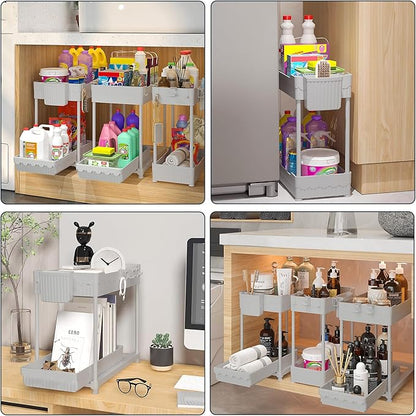 Sevenblue 3 Pack Under Sink Organizers, 2-Tier Multi-Use Kitchen and Bathroom Organizers and Storage with Sliding Drawers, Bathroom Cabinet Organizer (Gray, 12.8 Inch)