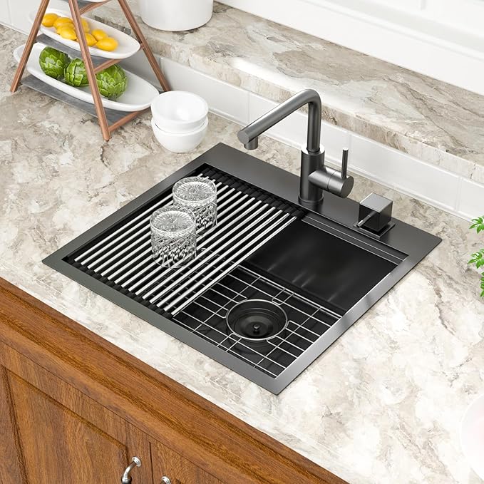 Mocoloo 21 Inch Drop in Bar Sink with Faucet, 21x20 Black Topmount Kitchen Sink - Stainless Steel Single Bowl Workstation with Pull-Out Faucet
