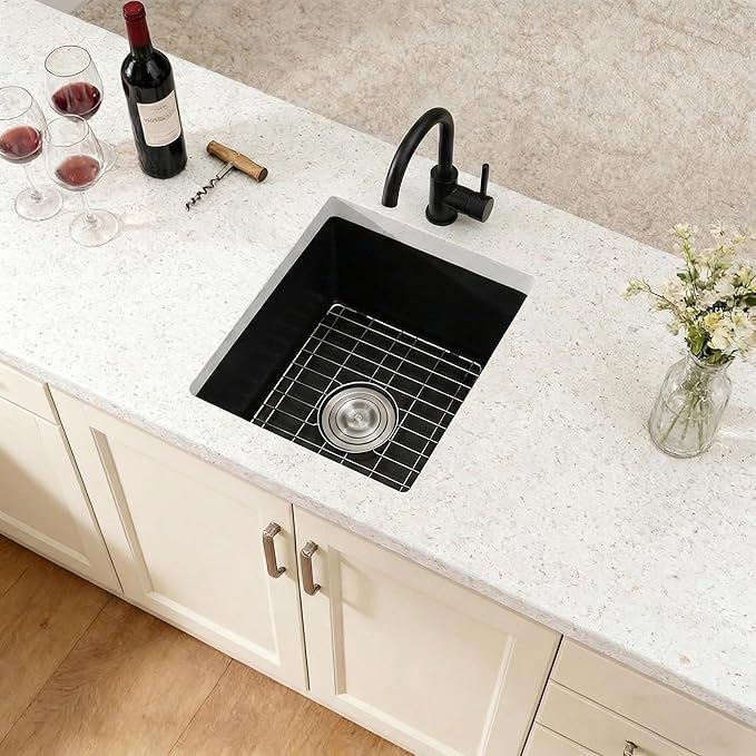 Black Bar Sink 13 x 15 Inch, Matte Black Granite Composite Undermount Kitchen Sinks, 13'' x 15'' Quartz Stone Small Kitchen Sinks With Sink Drain Assembly and Sink Bottom Grid