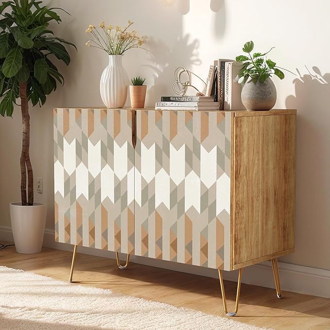 SIGNWIN Sideboard Buffet Cabinet, Kitchen Storage Cabinet with 2 Doors, Gray & Brown Geometric Polygons, Cupboard Console Table for Dining Room - 35" L x 18" W x 29" H
