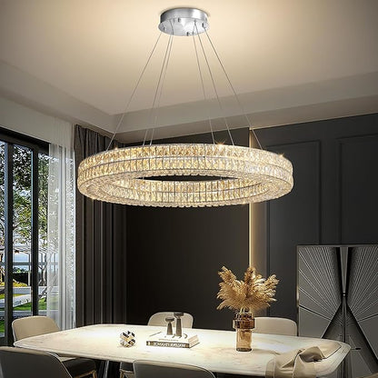 Led Ring Chandelier, Modern Dimmable Crystal Chandeliers Lighting for Living Room 24" Silver Hanging Light with Remote Control