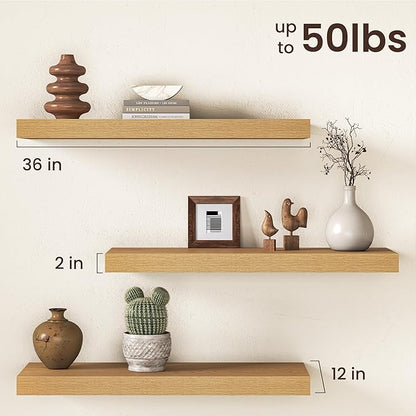 36Inch Oak Floating Shelves for Wall, 12 Inch Deep Shelves for Bedroom, Kitchen, Bathroom Wall Mounted, Rustic Wood Floating Shelf with Invisible Brackets for Books, Storage, Decor, 2 Packs