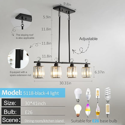 Modern Dining Room Light Fixture Over Table, Crystal Pendant Lights Kitchen Island, Chandeliers for Dining Room Kitchen Light Fixtures (E26) 4-Light Black