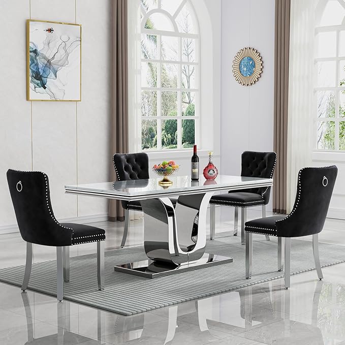 Henf 68" Modern Dining Table for 6, White Marble Kitchen Dining Room Table for 8, Large Rectangular Faux Marble Top and Silver U-Shape Steel Base, Rectangle Pedestal Table for Kitchen, Dining Room