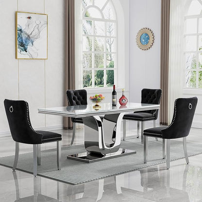 Henf 68" Modern Dining Table for 6, White Marble Kitchen Dining Room Table for 8, Large Rectangular Faux Marble Top and Silver U-Shape Steel Base, Rectangle Pedestal Table for Kitchen, Dining Room