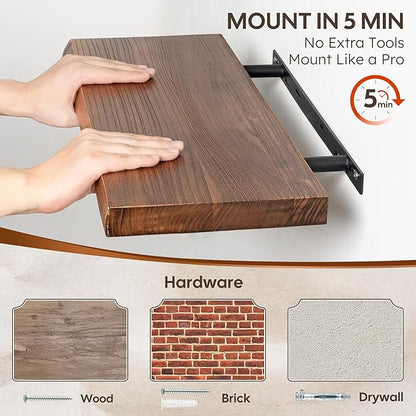 Live Edge Floating Shelf, 40 Inch Solid Elm Wood - Vintage Rustic Wood Wall Shelf with Invisible Brackets for Living Room, Kitchen, Bathroom
