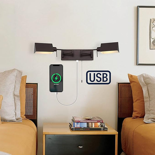 JONATHAN Y 54" Oil Rubbed Bronze 2-Light Double Swing Arm LED Wall Sconce, Industrial Farmhouse Iron Wall Lamp with Pull-Chain, USB, Metal Shades JYL6016A
