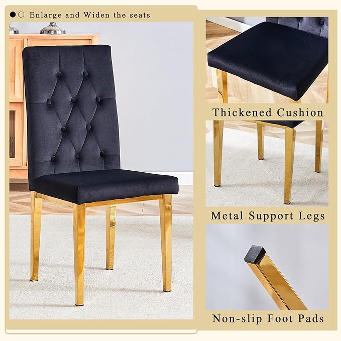 Round Glass Dining Table Set with 2 Black Velvet Chairs, 42 Inch Diameter Clear Tempered Glass Top with Gold Metal Legs, Grid Pattern for Elegant Dining Room and Kitchen
