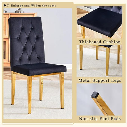 Round Glass Dining Table Set with 2 Black Velvet Chairs, 42 Inch Diameter Clear Tempered Glass Top with Gold Metal Legs, Grid Pattern for Elegant Dining Room and Kitchen