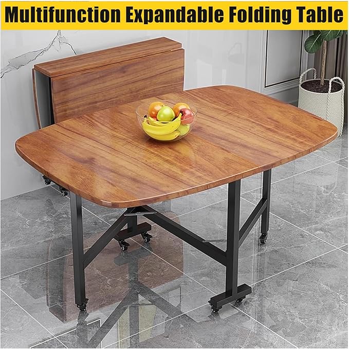 Multifunction Table Drop Leaf Dining Table , 39in/47in Solid Wooden Foldable Kitchen Table with 6 Wheels (Brown), Space Saving Folding Kitchen Table, for Small Spaces Kitchen, Bedroom, Living Room(47.