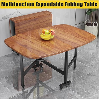 Multifunction Table Drop Leaf Dining Table , 39in/47in Solid Wooden Foldable Kitchen Table with 6 Wheels (Brown), Space Saving Folding Kitchen Table, for Small Spaces Kitchen, Bedroom, Living Room(47.