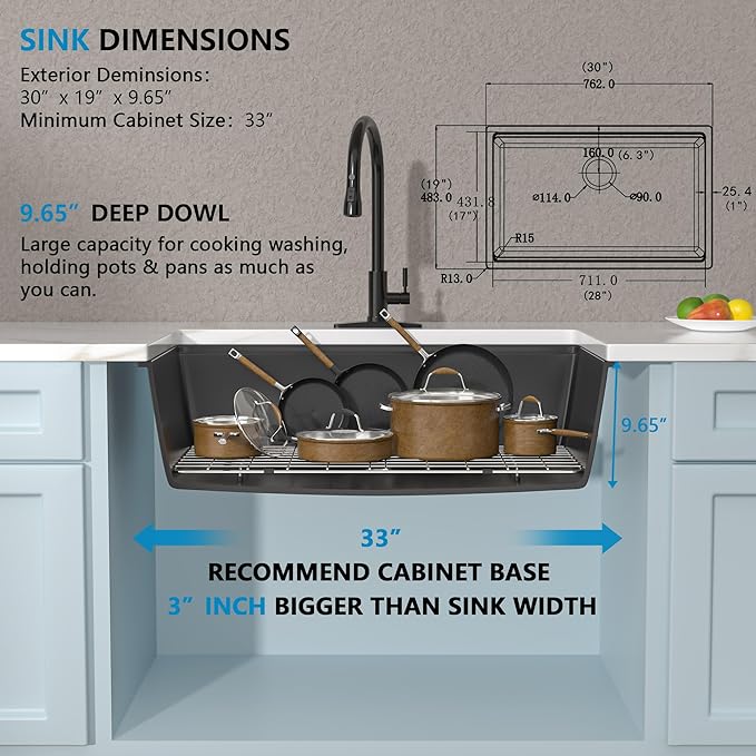 30 Granite Composite Kitchen Sink - Fulorni 30"x19" Black Granite Kitchen Sink Undermount Ledge Workstation Matte Black Quartz Composite Under Counter Single Bowl Sink Basin