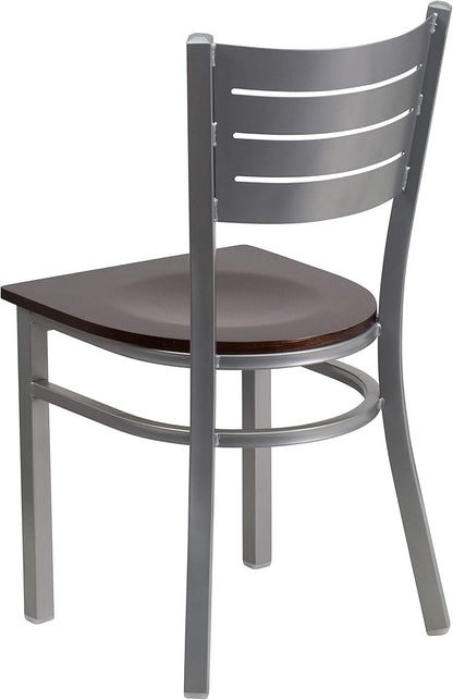 Flash Furniture 2 Pk. HERCULES Series Silver Slat Back Metal Restaurant Chair - Walnut Wood Seat