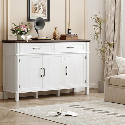 55 Inches Buffet Cabinet with Storage, Farmhouse Sideboard Buffet w/2 Drawers and 3 Doors, Wood Coffee Bar Cabinet with Adjustable Shelves, Sideboard Storage for Kitchen, Living Room, Off White
