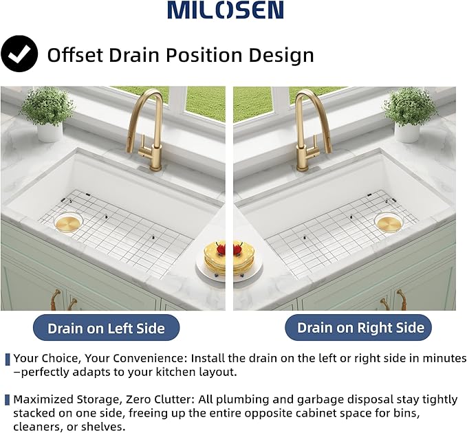 MILOSEN White Undermount Kitchen Sink, 33×18 Inch Workstation Ledge Under Counter Single Bowl Sinks with Offset Drain, Granite Composite Quartz Material, 9'' Large Deep Sinks With Gold Accessories