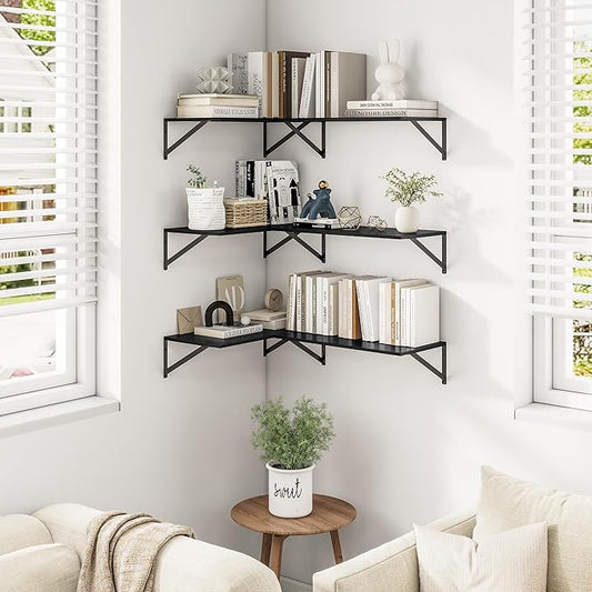 Heimlove 24" W x 12" D Wall Shelves for Books, 12 Inch Deep Floating Shelves Set of 3, Wide Floating Bookshelf with Metal Bracket for Living Room, Kitchen, Office, Bedroom and Decor Storage - Black