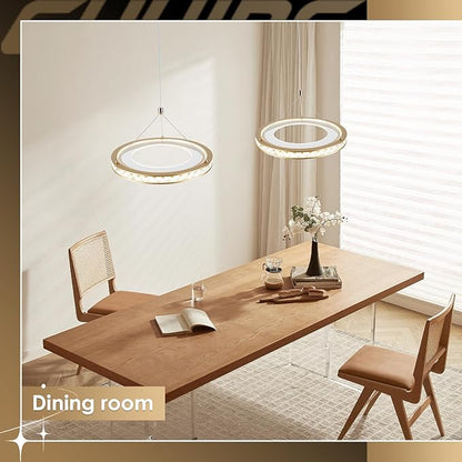CHYING 3 Pack Modern Gold LED Crystal Pendant Light, 11.8" 24W 3500K Warm White Hanging Pendant Light Kitchen Island, Ring Ceiling Lights for Bedroom Dining Room Hallway