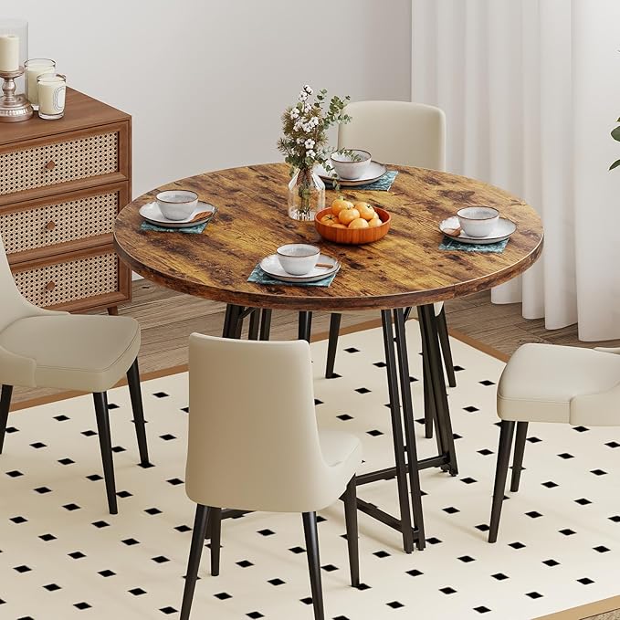 Giantex 47-inches Round Dining Table for 4-6 People, Kitchen Table with Metal Supporting Legs & Cross Base, Circle Dinner Tables for Dinette, Restaurant, Living Room, Dining Room, Rustic Brown