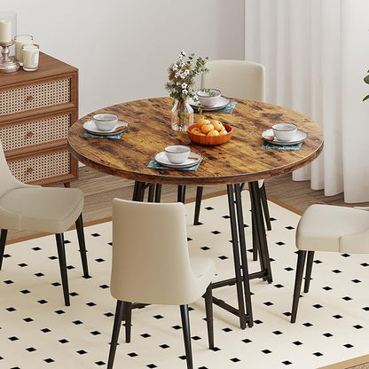 Giantex 47-inches Round Dining Table for 4-6 People, Kitchen Table with Metal Supporting Legs & Cross Base, Circle Dinner Tables for Dinette, Restaurant, Living Room, Dining Room, Rustic Brown