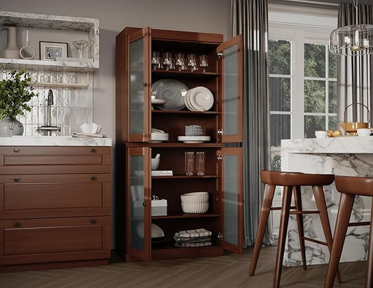 Palace Imports 100% Solid Wood Kitchen Pantry w/ 4 Frosted Glass Doors, Mocha, 32" w x 71.5" h, Renewable Eco-Friendly Wood, Made in Brazil