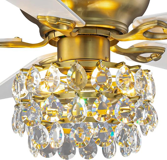 48" Crystal Ceiling Fan with Light and Remote, Brass Flush Mount Chandelier Ceiling Fan, 5-Blade Quiet Reversible AC Motor, Vintage Crystal Fandelier for Living Room Bedroom Dining Room