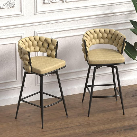 28" Technical Leather Woven Bar Stool Set of 2,Black Legs Barstools No Adjustable Kitchen Island Chairs,360 Swivel Bar Stools
