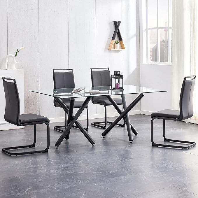 71” Rectangle Dining Table, Large Modern Dining Table for 6–8 People with 0.4" Thickened Tempered Glass Top, Glass Kitchen Table with Black Metal Legs for Dining Room