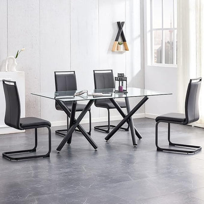 71” Rectangle Dining Table, Large Modern Dining Table for 6–8 People with 0.4" Thickened Tempered Glass Top, Glass Kitchen Table with Black Metal Legs for Dining Room