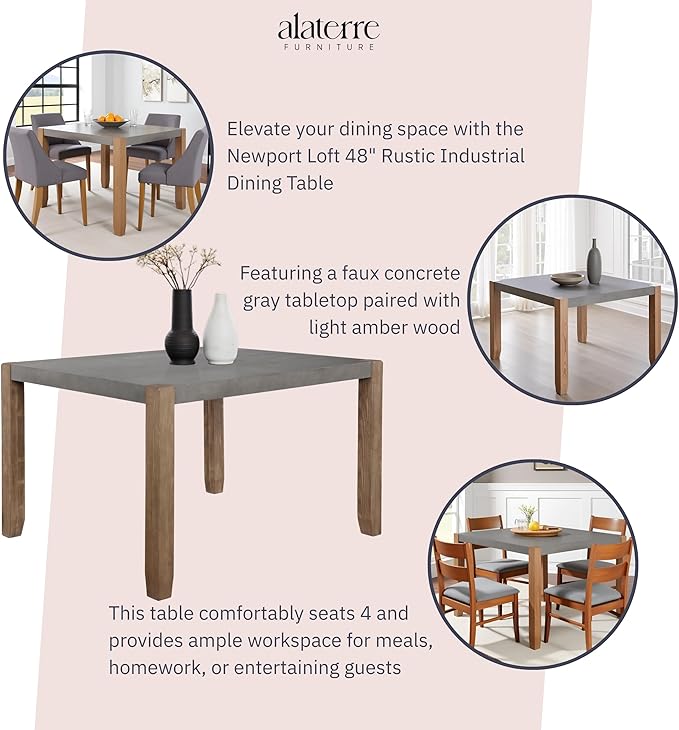 Alaterre Furniture Newport Dining Table for 4 – Rustic Industrial 48” x 30” Kitchen Table with Faux Concrete Gray Top & Solid Wood Legs