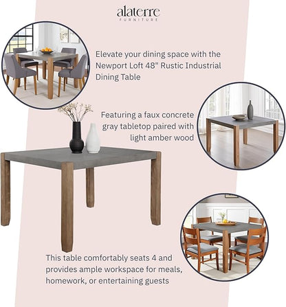 Alaterre Furniture Newport Dining Table for 4 – Rustic Industrial 48” x 30” Kitchen Table with Faux Concrete Gray Top & Solid Wood Legs