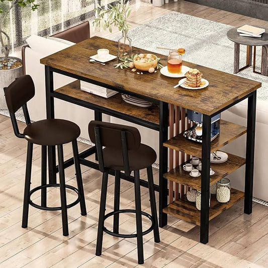 Recaceik 47" Bar Dining Table Set for 2, 3 Piece Bar Table and Chairs Set, Kitchen Counter Height Dining Table Set, Small Kitchen Bar Table with Storage & 2 Stools, Breakfast Nook Set for Small Space
