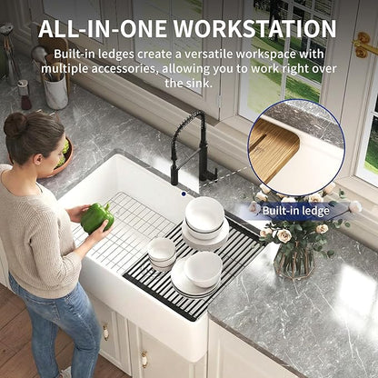 DeerValley White Farmhouse Sink Workstation 33 Inch Fireclay Apron Front Farm Sinks Single Bowl Heavy Duty Deep Drop-in Undermount Sink with Workstation Accessories