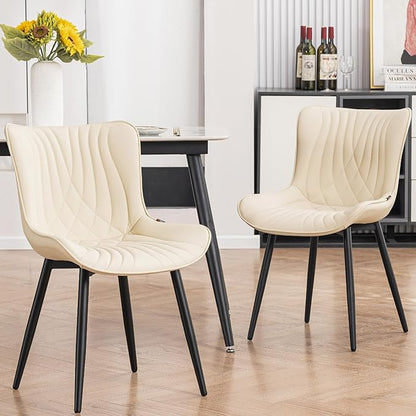 Kidol & Shellder Dining Chairs Set of 2, Mid Century Modern Kitchen Chairs with Black Metel Legs, PU Leather Upholstered Side Chair for Dining Room, Living Room, Lounge, Restaurant, Beige