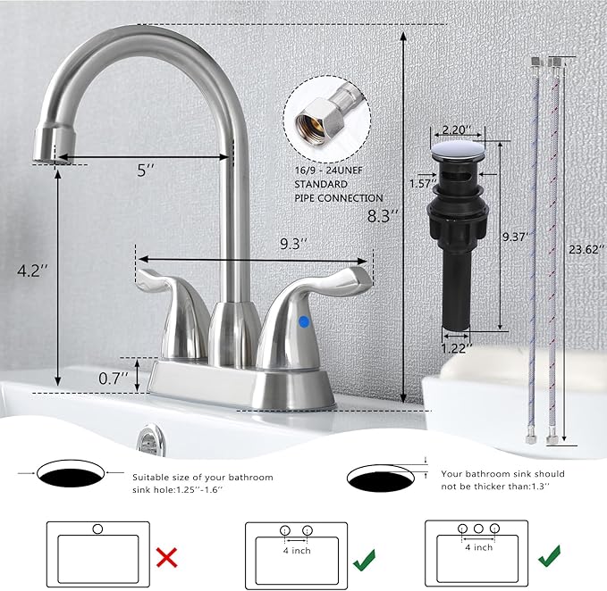 Hotis 2 Pack Bathroom Sink Faucet Brushed Nickel, 4 Inch 2 Handle Bathroom Sink Faucet for 1 or 3 Hole, Centerset Bathroom Faucet for Sink Vanity, with Pop-up Drain and Supply Hoses, HT-SLYT008L-2-1