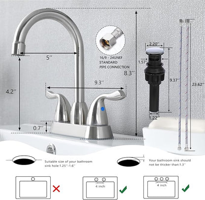 Hotis 2 Pack Bathroom Sink Faucet Brushed Nickel, 4 Inch 2 Handle Bathroom Sink Faucet for 1 or 3 Hole, Centerset Bathroom Faucet for Sink Vanity, with Pop-up Drain and Supply Hoses, HT-SLYT008L-2-1