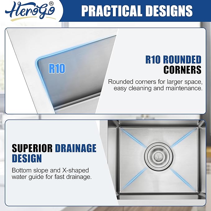 Herogo 15×15 Inch Drop In Kitchen Sink, Small Utility Deep Single Bowl Sink, Handmade for Rv Bar Laundry Room Outdoor Farmhouse