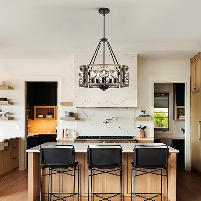 Sigaitwei 5-Light Farmhouse Chandelier Brown Rustic Chandelier for Dining Room Wood Texture Adjustable Pendant Light,Drum Chandelier for Kitchen Island Entryway Bedroom Hallway,18.9'',E26.
