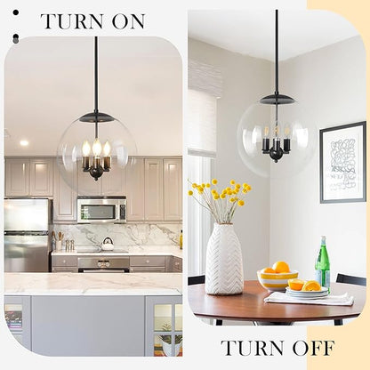 Bagood 14" Globe Pendant Light 3-Light Black Mid Century Pendant Light Clear Glass Lights Kitchen Island Mid Century Adjustable Hanging Farmhouse Globe Fixtures for Living Room Lobby