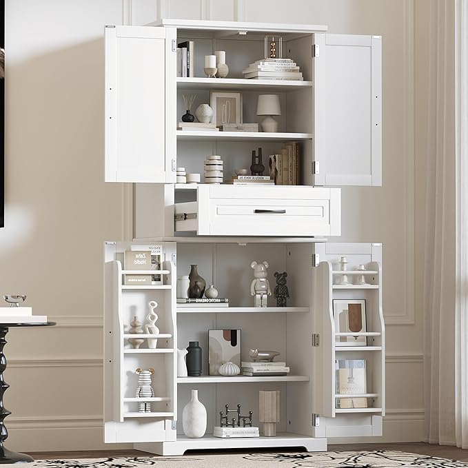 Merax 72" Tall Kitchen Pantry Storage Cabinet, Farmhouse Freestanding Large Cupboard with One Drawer, Bathroom Cabinet with Adjustable Shelves, 6 Door-Shelf for Dining Room, White