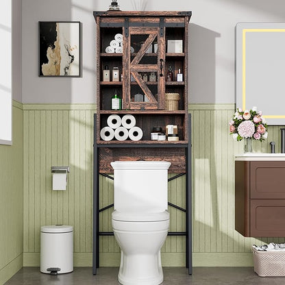 kepptory Over The Toilet Storage Cabinet with Sliding Barn Door, Over Toilet Bathroom Organizer with Adjustable Shelves and Metal Frame, Farmhouse Space Saver The Toilet Rack (Brown)