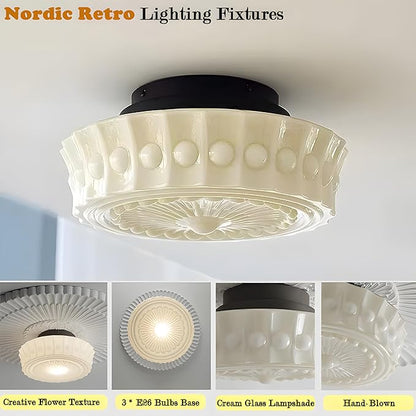 Bofea-Cream Glass Semi Flush Mount Ceiling Light Creative Sunflower Ceiling Light Fixture,Vintage Black Flush Mount Ceiling Lamp,Mid Century Ceiling Lighting for Bedroom,Hallway,Schoolhouse Kitchen.