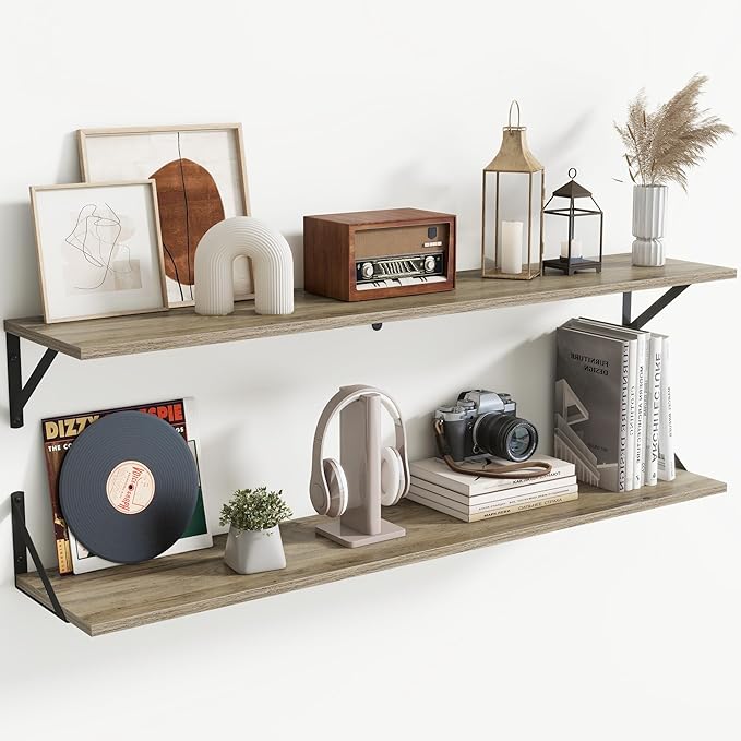 Acovy Floating Shelves for Wall,48" Wx8 D Wood Wall Shelves,Hanging Storage Floating Shelf with Metal Brackets,Wide Floating Bookshelf for Living Room,Office,Bedroom,Bathroom,Set of 2,Grey